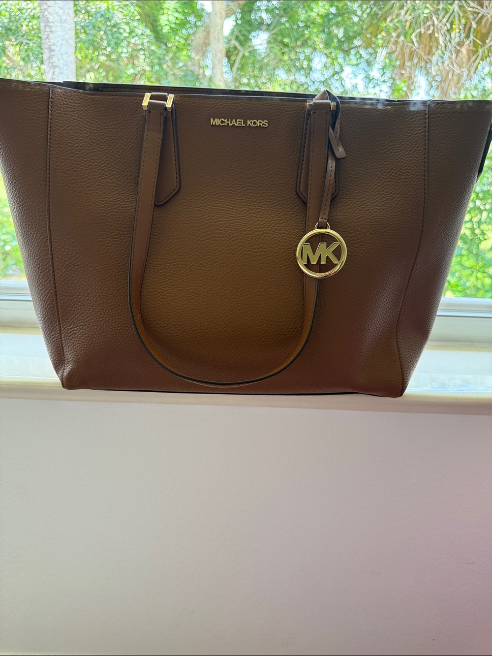 Michael Kors Dark Brown Pebbled Leather Tote with MK Charm